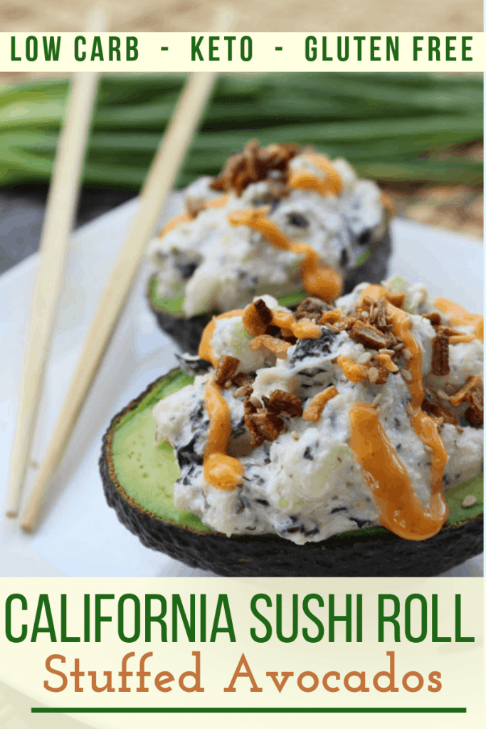 No roll, no cook, no cauliflower rice! These quick and easy keto California Sushi Roll Stuffed Avocados do not disappoint! #sushi #ketosushi #lowcarb #grainfree #crab