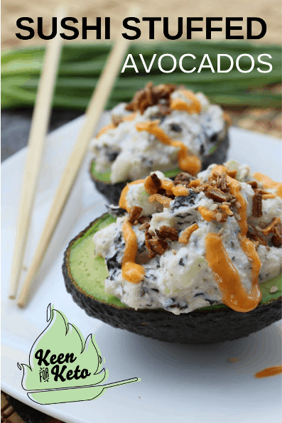 Pin of sushi stuffed avocados