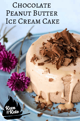 Keto ice cream cake is drizzled with a delectable peanut butter sauce and sprinkled with sugar free chocolate shavings. You won't want to miss this peanut butter sauce!