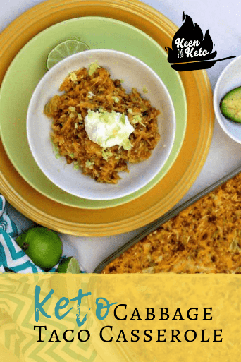 Easy and tasty! And only 3 carbs per serving! Shredded cabbage, taco meat, salsa, cheese, and taco toppings. You'll be so happy you tried this keto taco casserole! #tacos #ketotacos