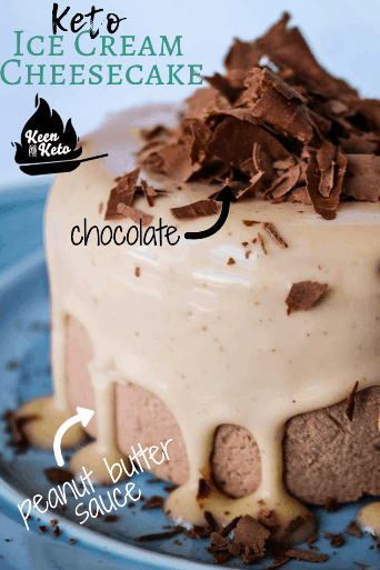 Keto chocolate peanut butter ice cream cake is drizzled with a delectable peanut butter sauce and sprinkled with sugar free chocolate shavings. You won't want to miss this peanut butter sauce! 