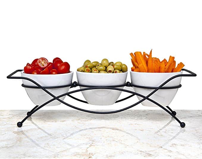 Elegant 4-piece Relish Tray with White Ceramic Bowl. Server Set with Metal Rack, Buffet Server For Appetizers, Candy, Nuts and Dips,