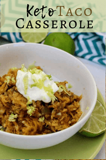 Easy and tasty! And only 3 carbs per serving! Shredded cabbage, taco meat, salsa, cheese, and taco toppings. You'll be so happy you tried this keto taco casserole! #tacos #ketotacos