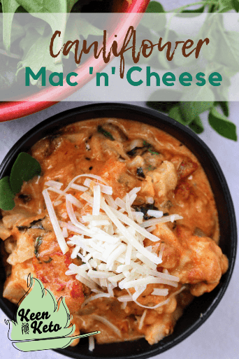 Grain-Free Keto Spinach Macaroni Inferno is the ultimate pasta-replacement comfort food for the keto diet. With its warm, cheesy layers of both red and white sauces interlaced with spinach, you won’t notice the carb-full pasta has been replaced with cauliflower in this keto macaroni and cheese casserole! #ketomacaroniinferno