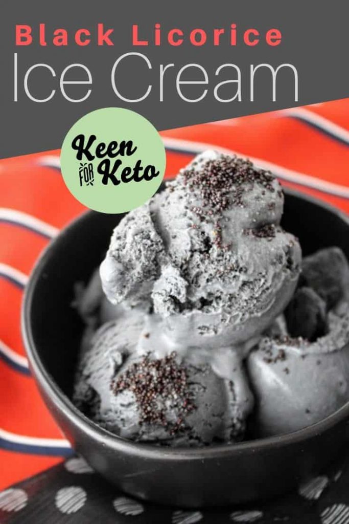 Bowl of low carb black licorice ice cream with Keen for Keto logo