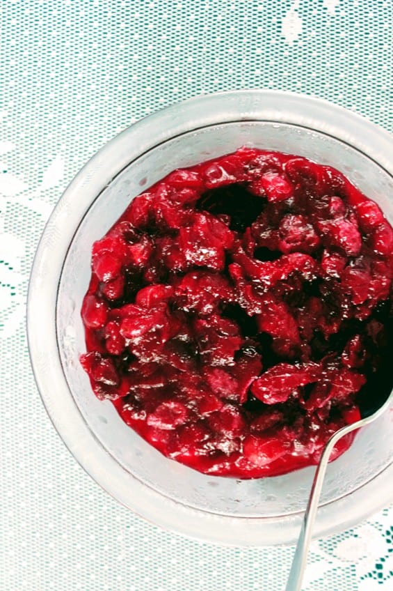 overhead shot of cranberry sauce in bowl