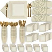 Fancy Disposable Ivory (Cream) Dinnerware Set - 24 Guest - 2 Size Square Plates, Cups, Napkins, Spoons, Forks, Knives - Made of Heavyweight Paper - Posh Supplies, Elegant Design for Upscale Party