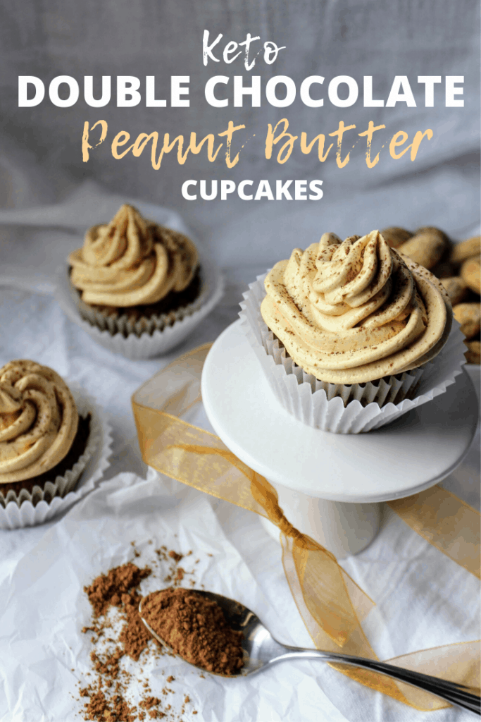 Dense, rich keto chocolate cupcakes with sugar free chocolate chips that are made with flax meal and frosted generaously with creamy, irresistible peanut butter friosting. Keen for Keto | keto chocolate flax cupcakes | keto dessert | keto cake 