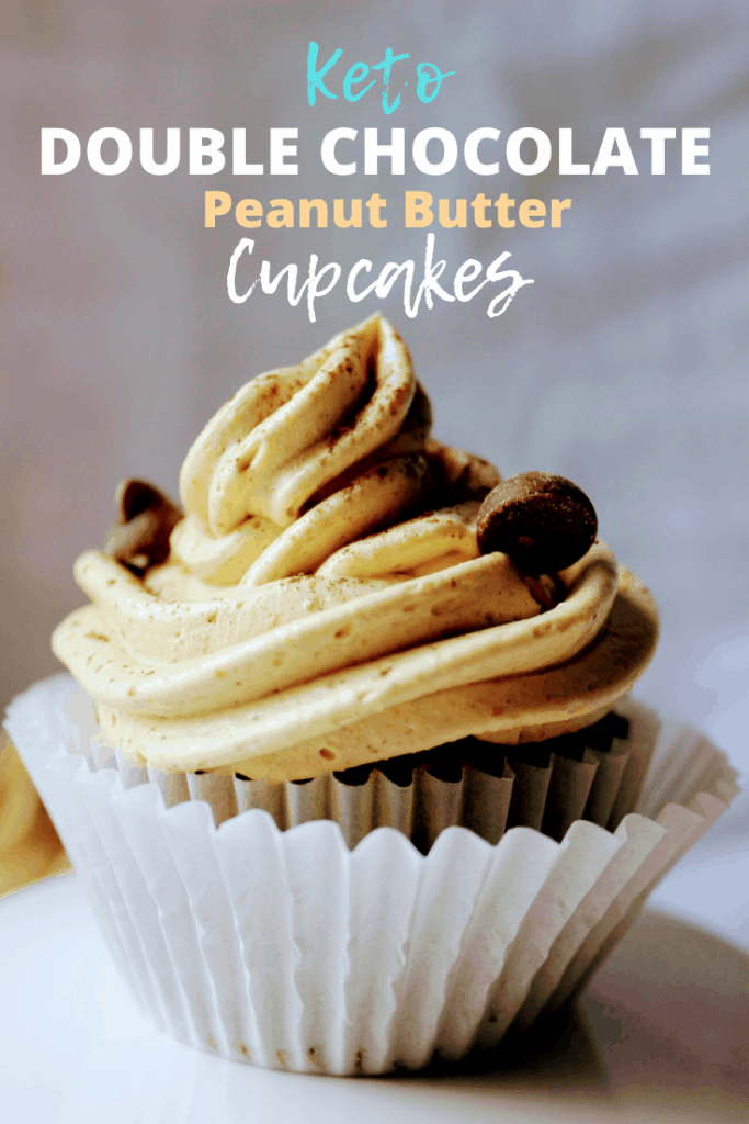 Dense, rich keto chocolate cupcakes with sugar free chocolate chips that are made with flax meal and frosted generaously with creamy, irresistible peanut butter friosting. Keen for Keto | keto chocolate flax cupcakes | keto dessert | keto cake 