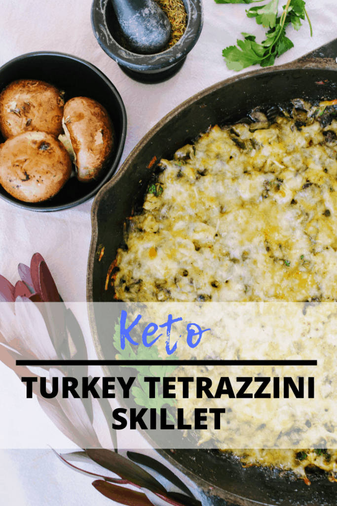 Keto Turkey Tetrazzini Skillet is an easy, healthy way to use up turkey leftovers. Sauteed onion and mushrooms in butter in an herb cream sauce and mixed with gooey cheese and diced turkey, then baked to perfection. Keen for Keto | keto turkey recipe | keto Thanksgiving turkey leftovers | keto pasta | keto dinner