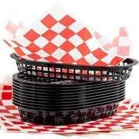 Retro Style Black Fast Food Basket (6 Pk) and Red Checkered Deli Liner (60 Pk) Combo. Classic 11 In Deli Baskets Are Microwavable and Dishwasher Safe. Disposable Deli Paper Squares for Easy Cleanup