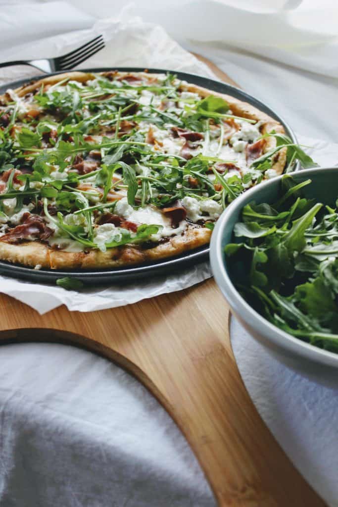 Keto goat cheese pizza with arugula