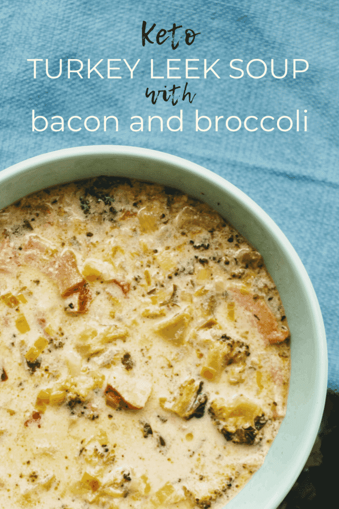 The mildly sweet flavor of leeks comes together with salty bacon, delicious turkey, green broccoli, and a creamy herb broth for one of the best Instant Pot soups you'll ever taste in this Turkey Leek Soup with Broccoli and Bacon! Keen for Keto | keto leek soup | keto leeks | instant pot soup | keto dinner