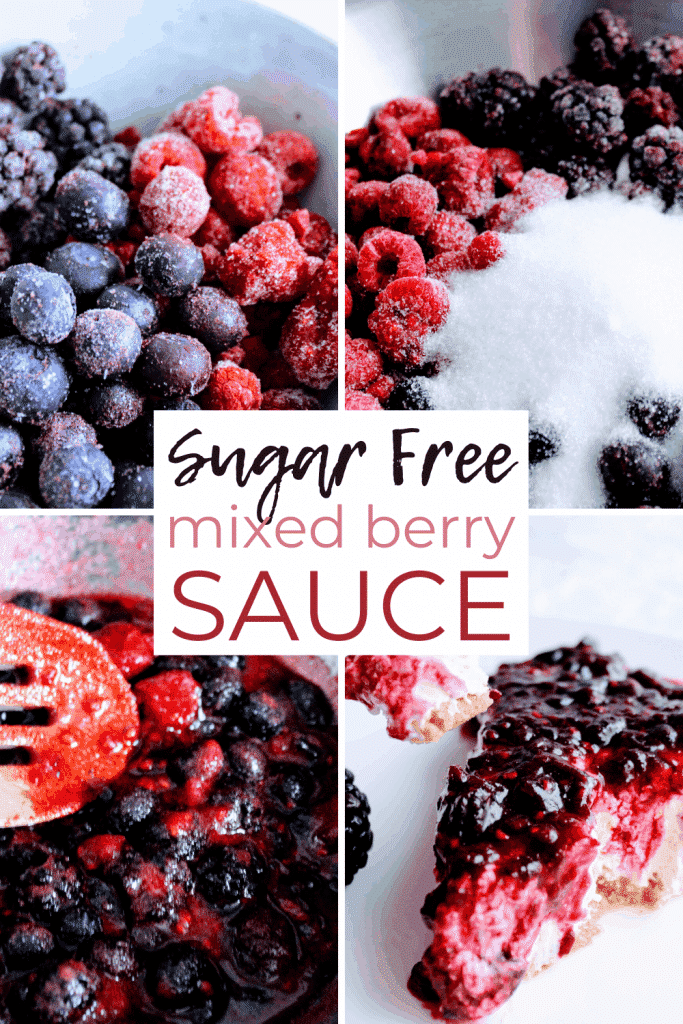 This sugar free keto mixed berry sauce is perfect for cheesecakes, but you can also use it for pancakes, ice cream, yogurt, waffles, and lots of other delicious dishes! Keen for Keto | low carb mixed berry sauce for cheesecake | triple berry topping | keto cheesecake toppings | keto dessert