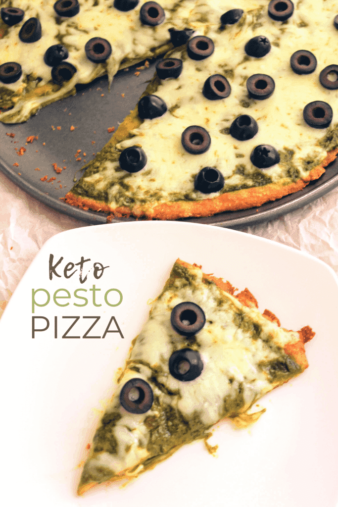 Looking for the best keto pesto pizza recipe? You're in luck! This black olive pizza has a keto friendly pizza crust, topped with flavorful red pepper spinach pesto, mozzarella, and sliced black olives. Keen for Keto | keto pesto pizza | low carb pesto pizza with black olives | black olive pizza