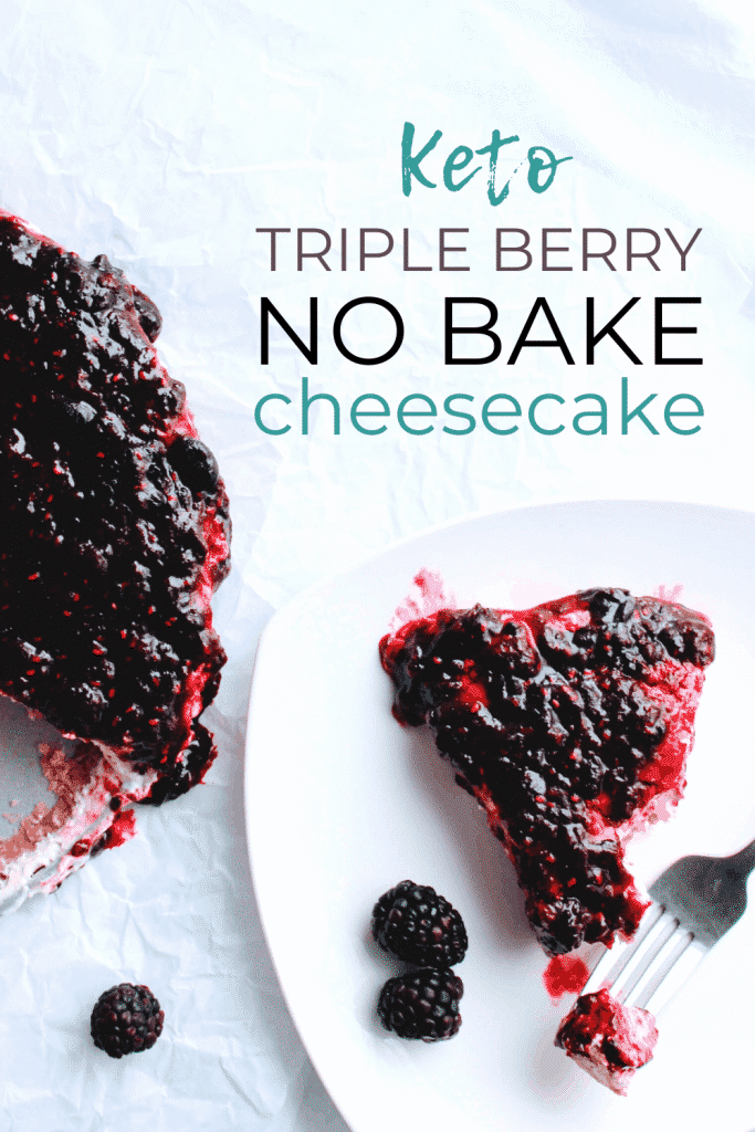 No bake keto mixed berry cheesecake is a party in your mouth! There is minimal cooking for this quick cheesecake and no baking. The crust is no bake, the filling is no bake. Pour the triple berry topping on and enjoy!