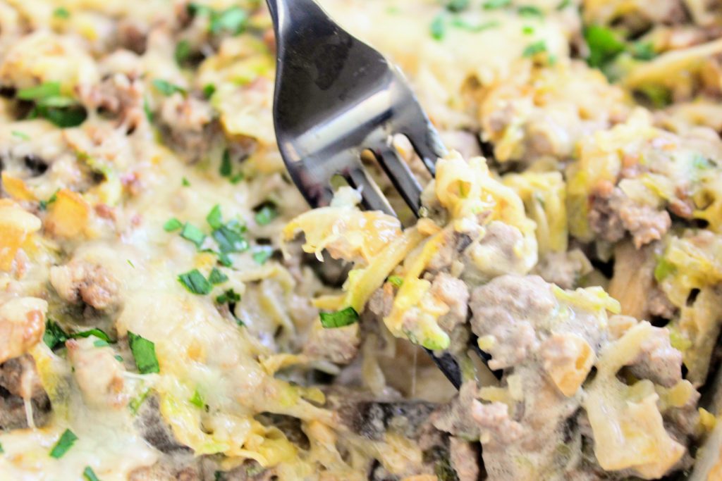 Forkful of low carb ground beef cabbage noodle stroganoff casserole