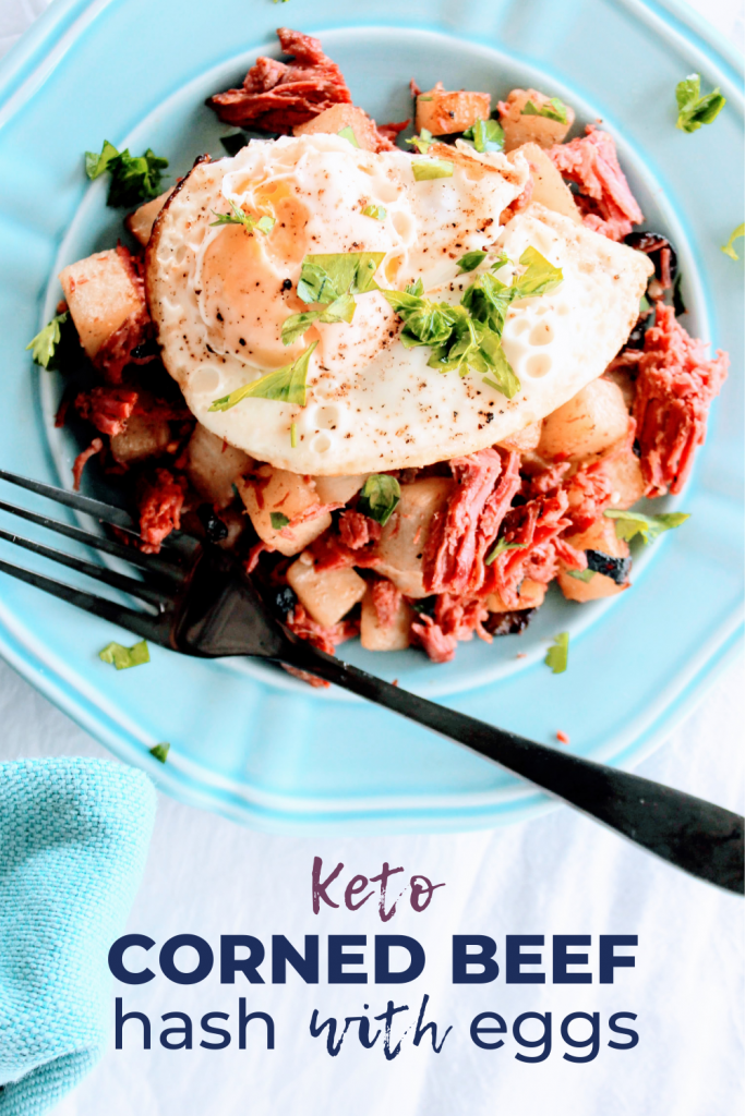 Turnips are cooked in butter till browned and crispy and subbed in for the potatoes in this keto corned beef hash and eggs! Add your eggs however you like--fried, scrambled, poached--and use up that leftover corned beef for a delicious and easy keto-friendly breakfast skillet! Keen for Keto | keto corned beef hash | low carb | gluten free | keto breakfast skillet | keto corned beef eggs